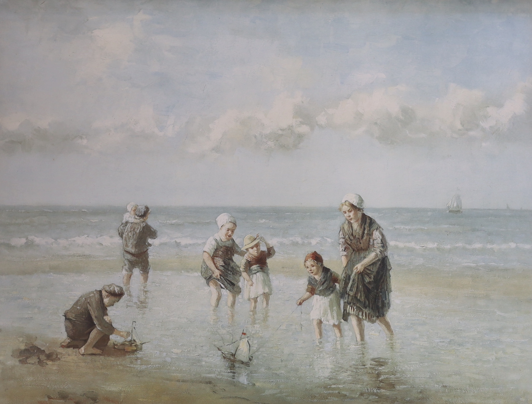 After Bernard de Hoog (Dutch 1867-1943) colour print, Beach scene with children playing, 63 x 48cm